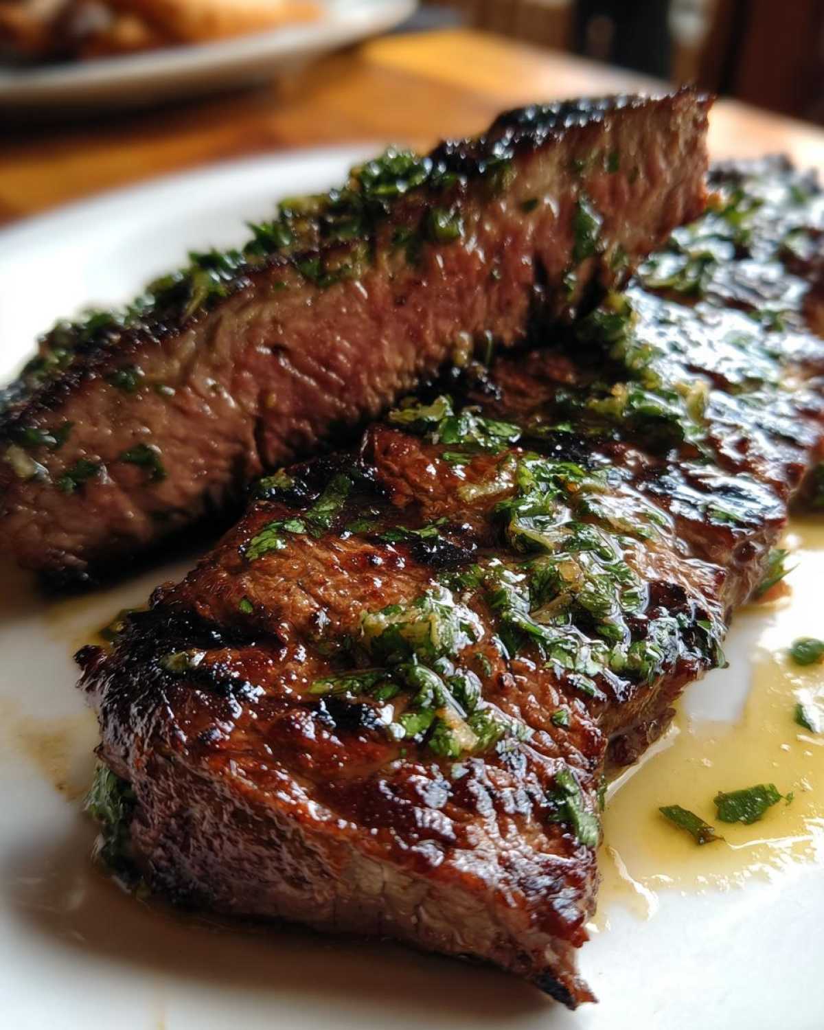 Close-up of medium-rare steak slices topped with a bright green herb sauce, likely after using the carne asada marinade.