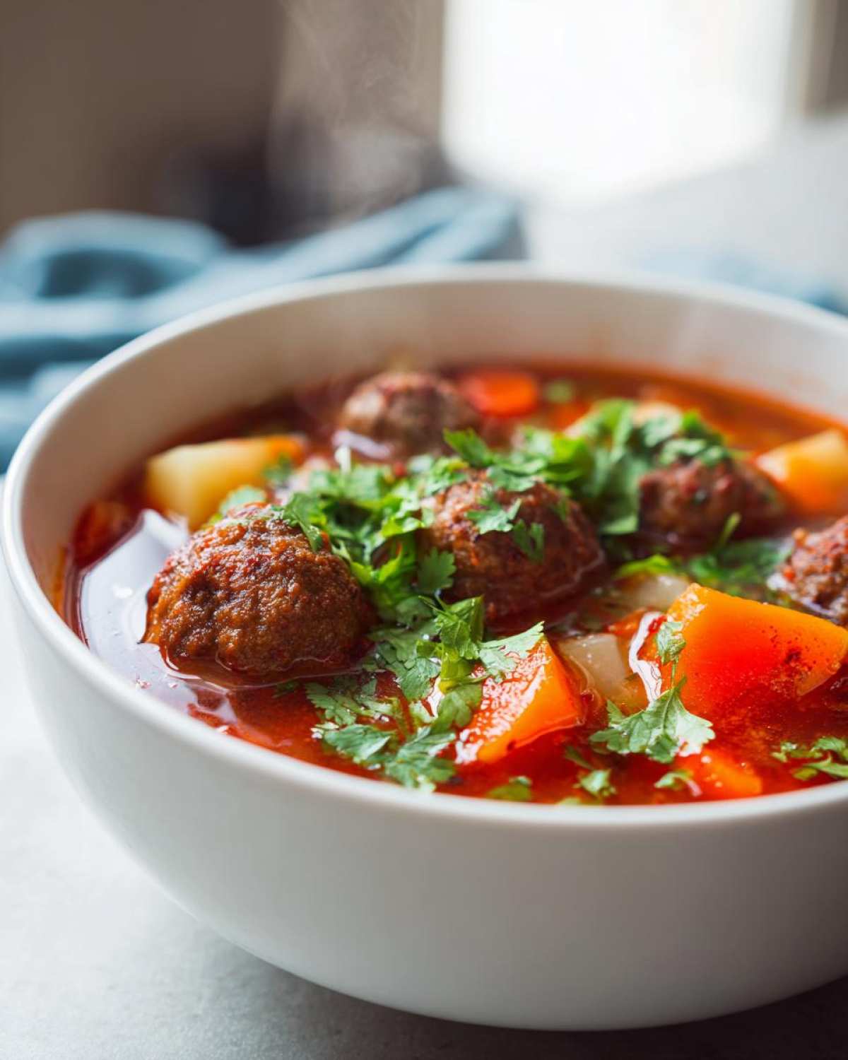Close-up of a white bowl filled with hot albondigas soup, featuring meatballs, vegetables, and fresh cilantro.