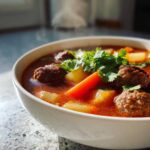 Close-up of a white bowl filled with hot albondigas soup, featuring meatballs, potatoes, carrots, and fresh cilantro garnish.