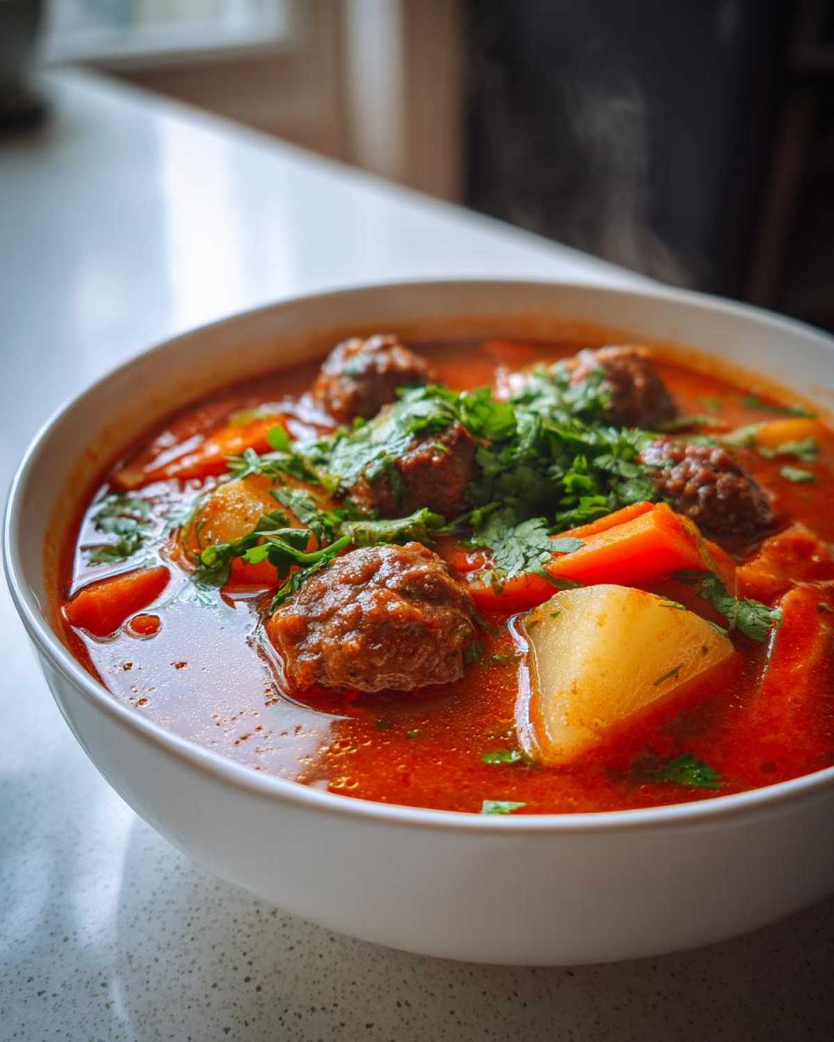 Close-up of a steaming white bowl filled with vibrant red albondigas soup, featuring meatballs, potato chunks, carrots, and fresh cilantro.