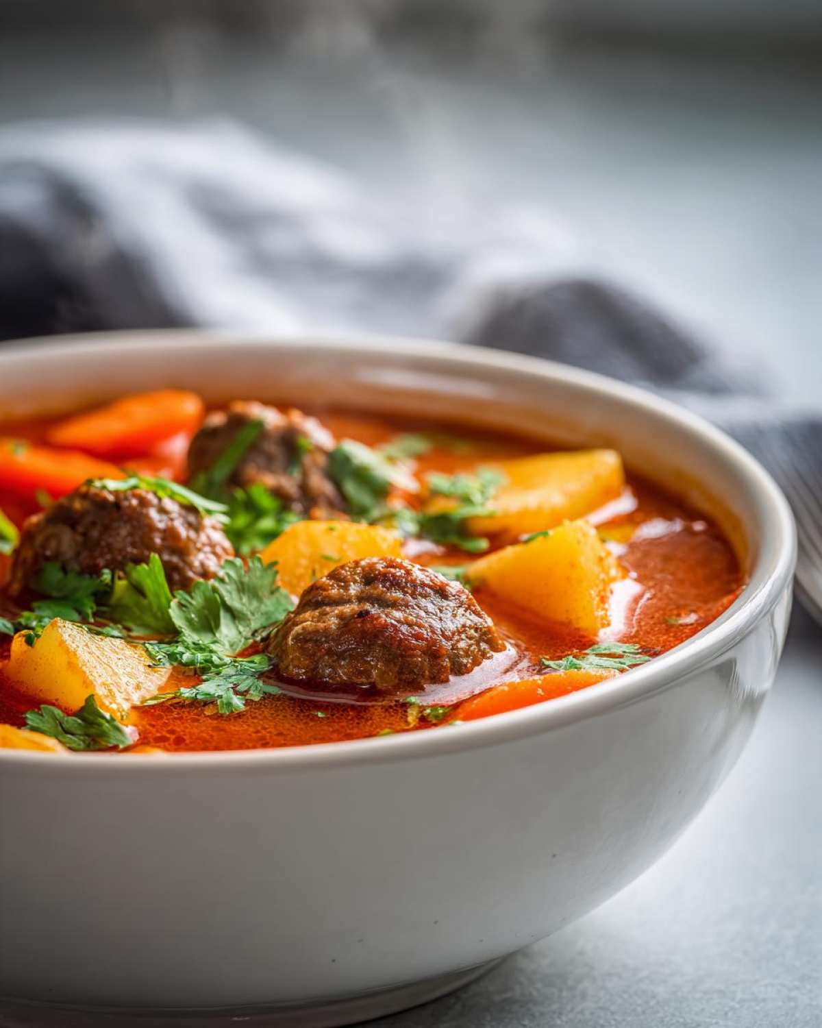 Close-up of a steaming white bowl filled with rich, red albondigas soup featuring meatballs, potatoes, carrots, and fresh cilantro.