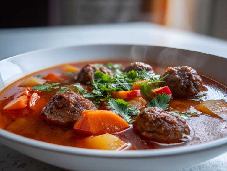 Close-up of a steaming white bowl filled with rich, red broth albondigas soup, featuring meatballs and chunks of carrots.