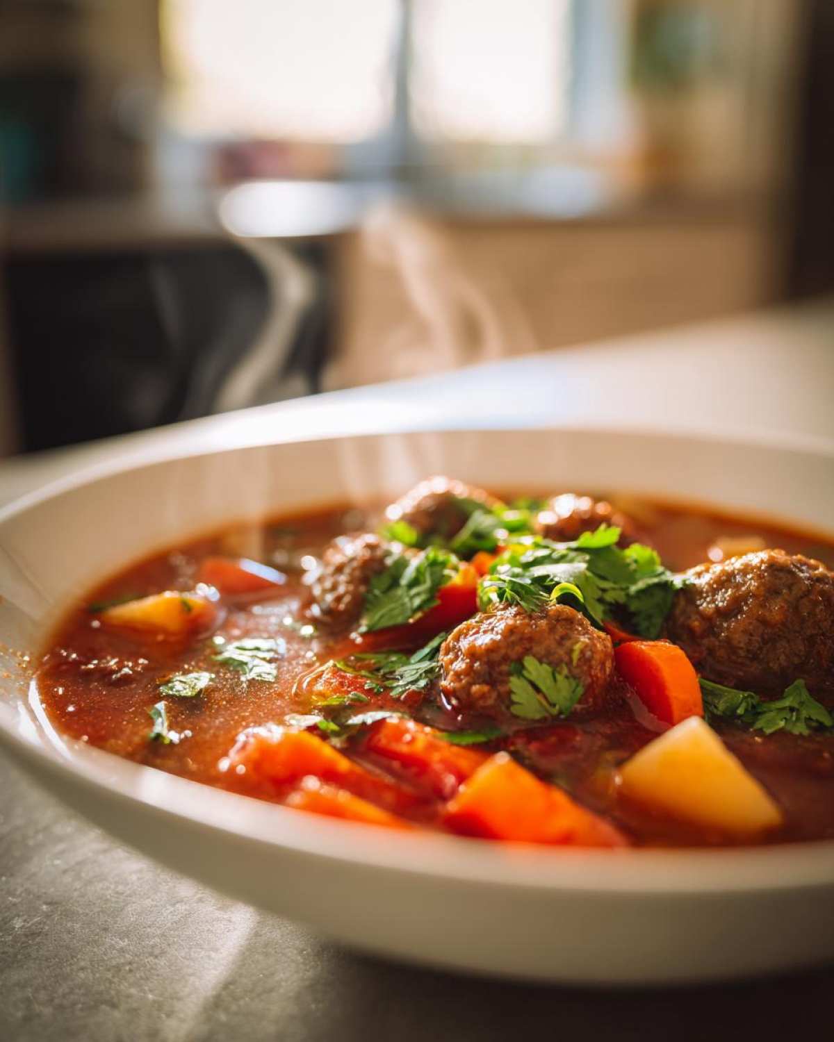 Close-up of a steaming white bowl filled with rich, red albondigas soup, featuring meatballs, carrots, and fresh cilantro.