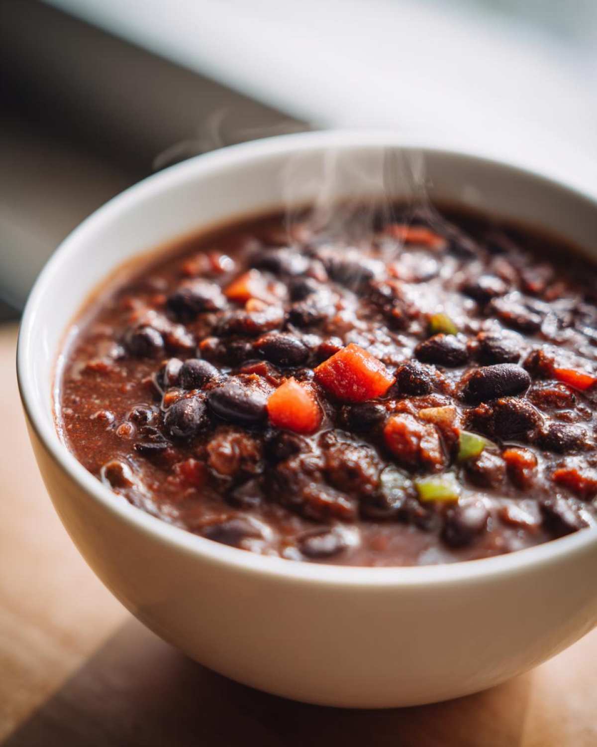 Close-up of a steaming white bowl filled with rich, dark black bean chili, featuring visible black beans and diced tomatoes.