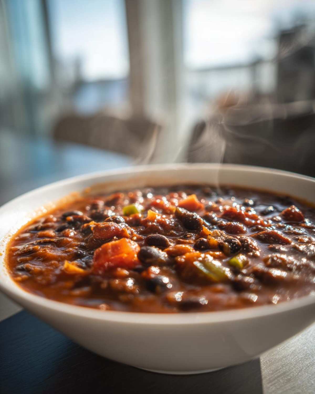 Close-up of a steaming white bowl filled with rich, dark black bean chili, featuring visible chunks of tomato and peppers.