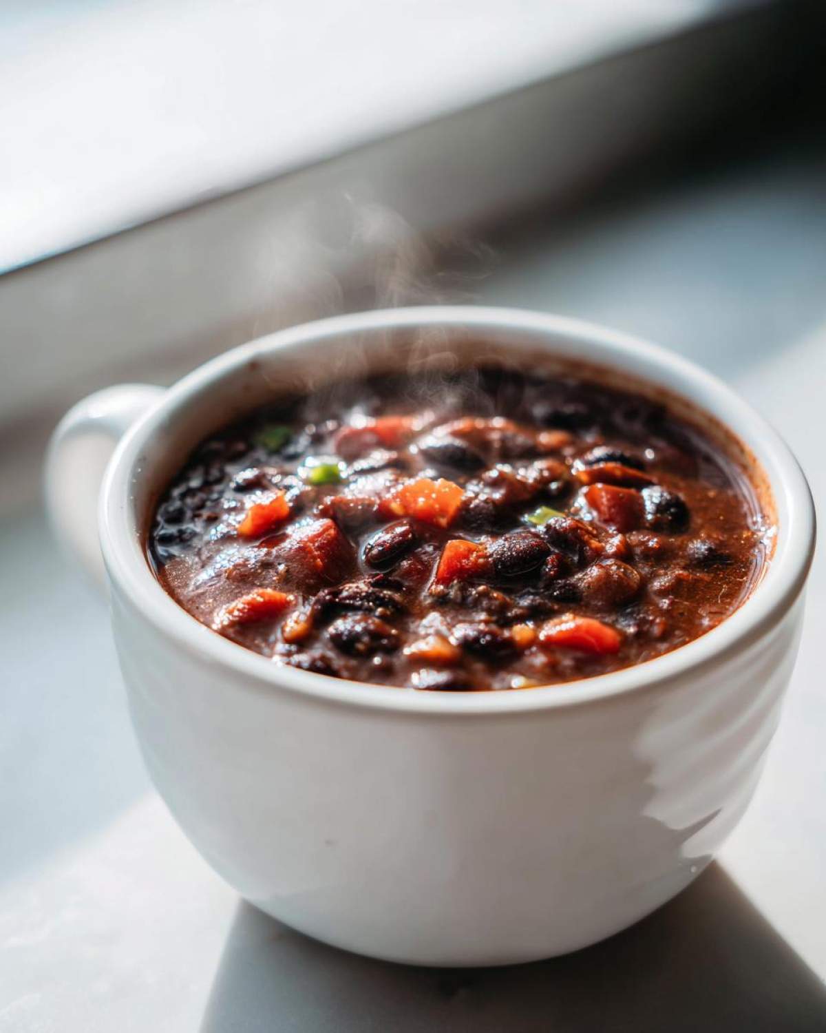 Close-up of steaming hot black bean chili with visible chunks of tomato and peppers in a white mug.