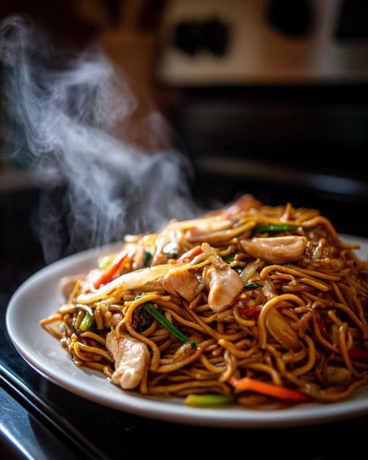 A plate piled high with steaming hot chicken chow mein recipe noodles, chicken pieces, and vegetables.