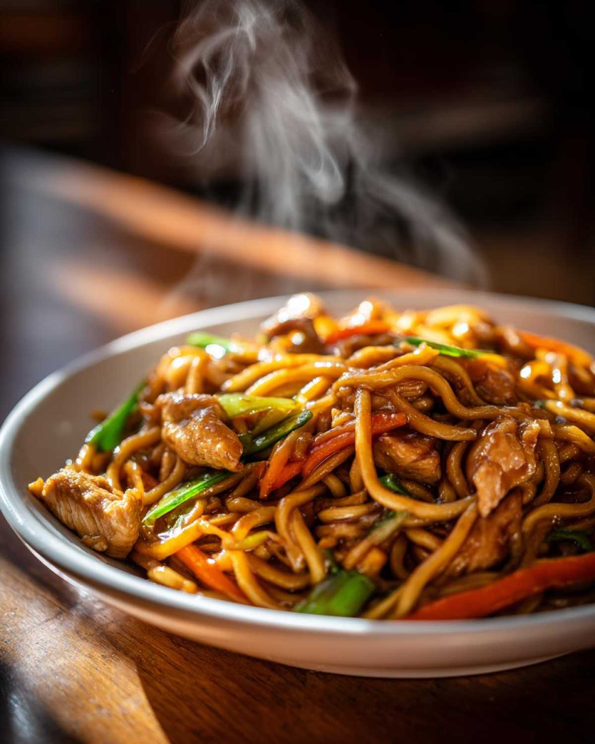 Close-up of a steaming bowl of homemade chicken chow mein recipe with noodles, chicken pieces, and vegetables.