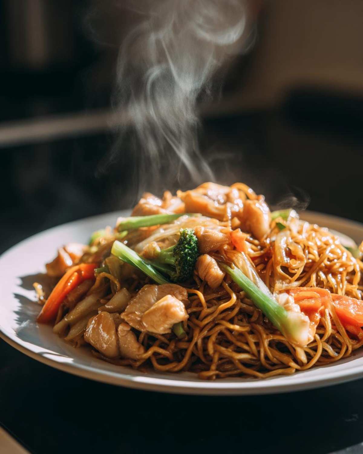 A close-up of a steaming plate of homemade chicken chow mein recipe, featuring noodles, chicken pieces, and colorful vegetables.