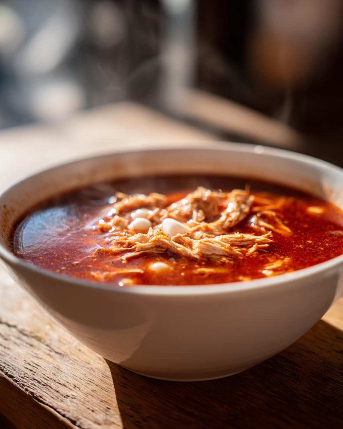 Close-up of a steaming white bowl filled with rich red chicken pozole, showing shredded chicken and hominy.