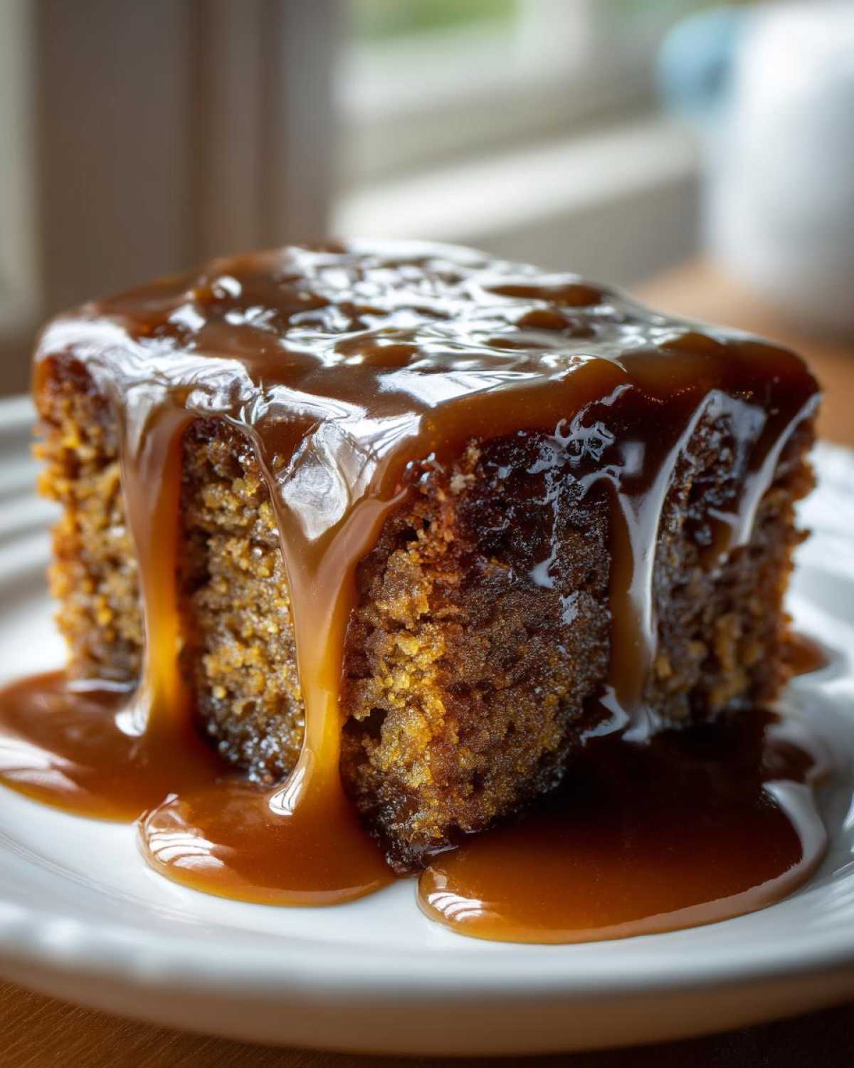Close-up of a moist slice of sticky toffee pudding recipe generously covered in rich toffee sauce.