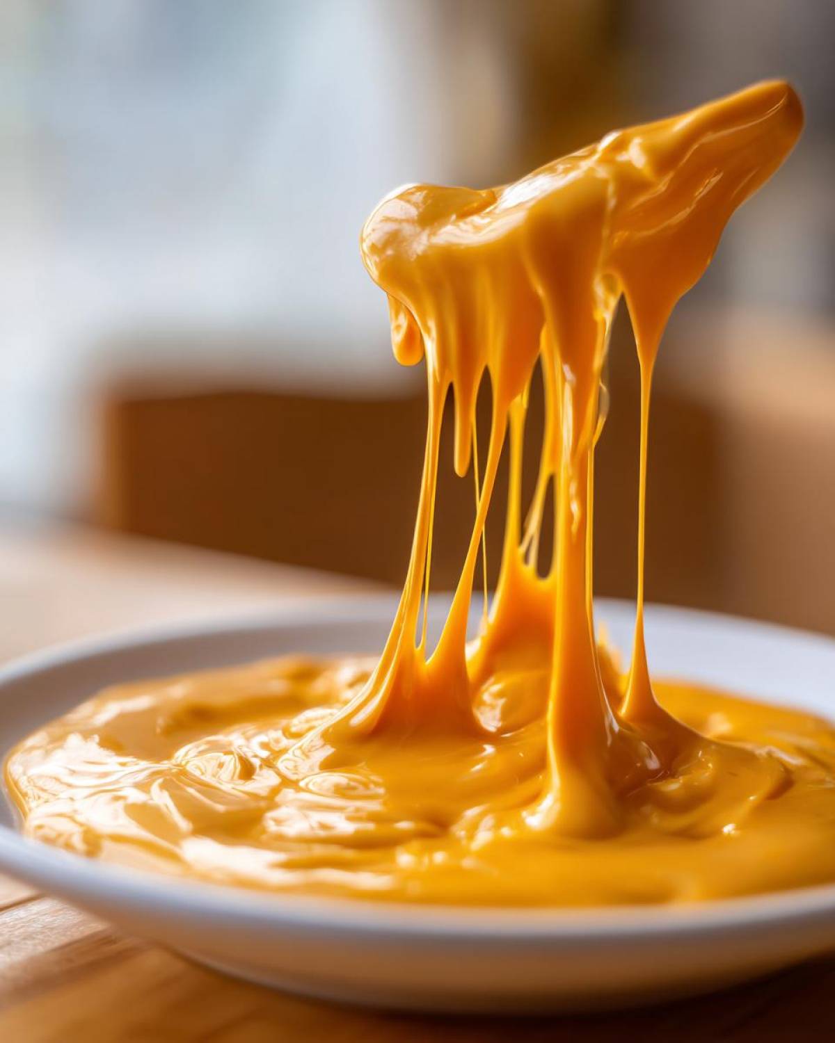 Close-up of thick, bright orange nacho cheese sauce being lifted from a bowl, showing long, gooey strings.