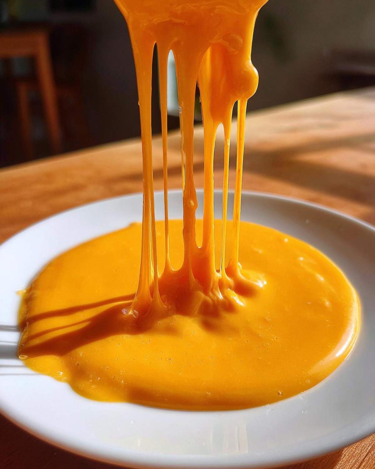 Close-up of thick, bright orange nacho cheese sauce being lifted, showing long, gooey strings dripping back into the pool on a white plate.