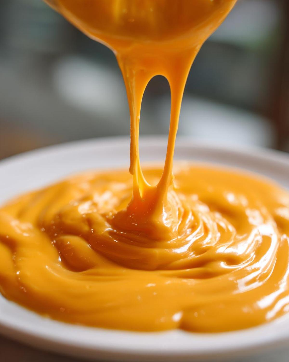 Close-up of thick, vibrant orange nacho cheese sauce stretching as it is poured from a spoon onto a white plate.
