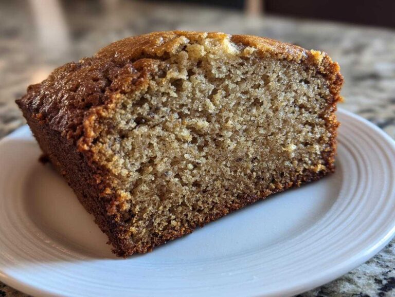 Close-up of a moist slice of sugar free banana bread showing its crumb texture on a white plate.