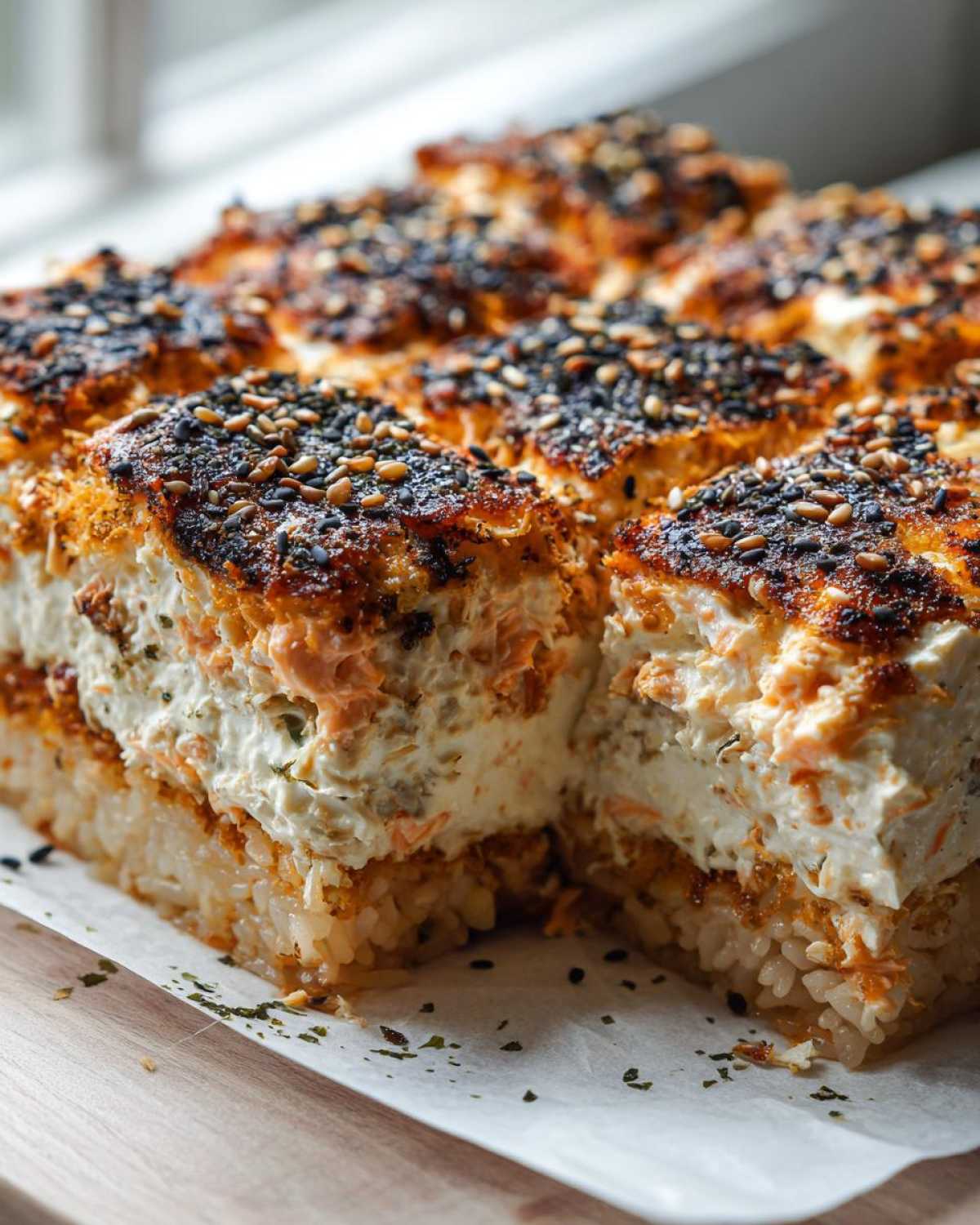 A close-up of a freshly baked sushi bake, showing layers of rice, creamy salmon mixture, and a browned, sesame-topped crust.
