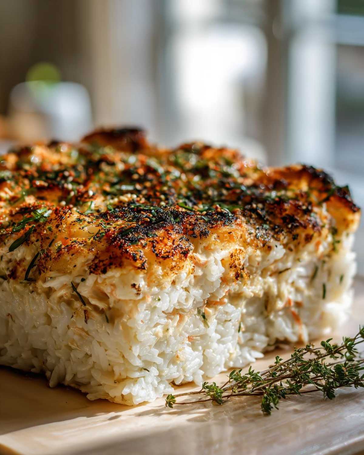 A thick, square slice of baked sushi bake showing layers of rice and creamy topping, garnished with furikake and thyme.