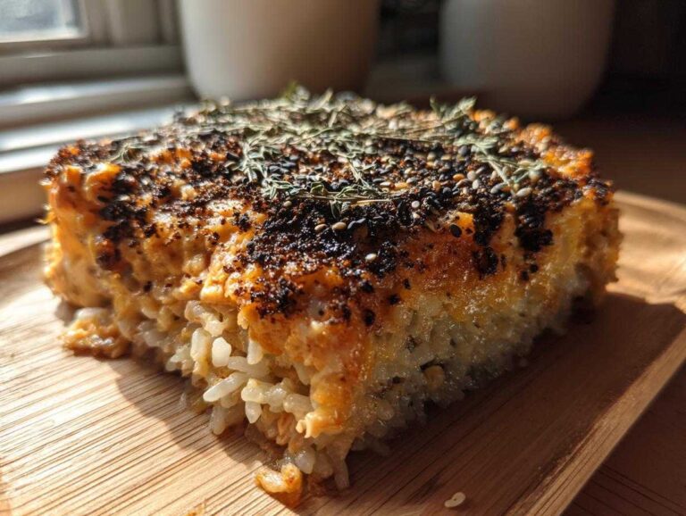 Amazing 15-Minute Sushi Bake Dinner A close-up, sunlit slice of baked sushi bake showing the layered rice base and creamy, browned topping sprinkled with seeds and herbs.