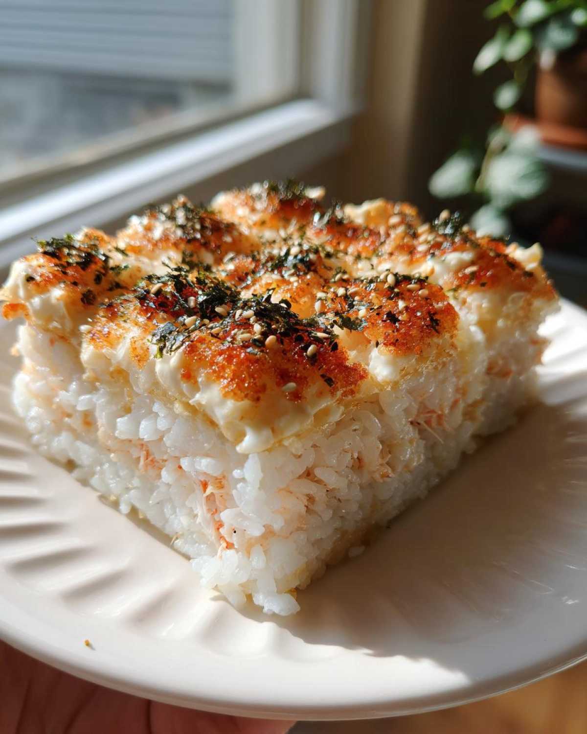 A square slice of baked sushi bake with creamy topping and furikake, held up to the light.