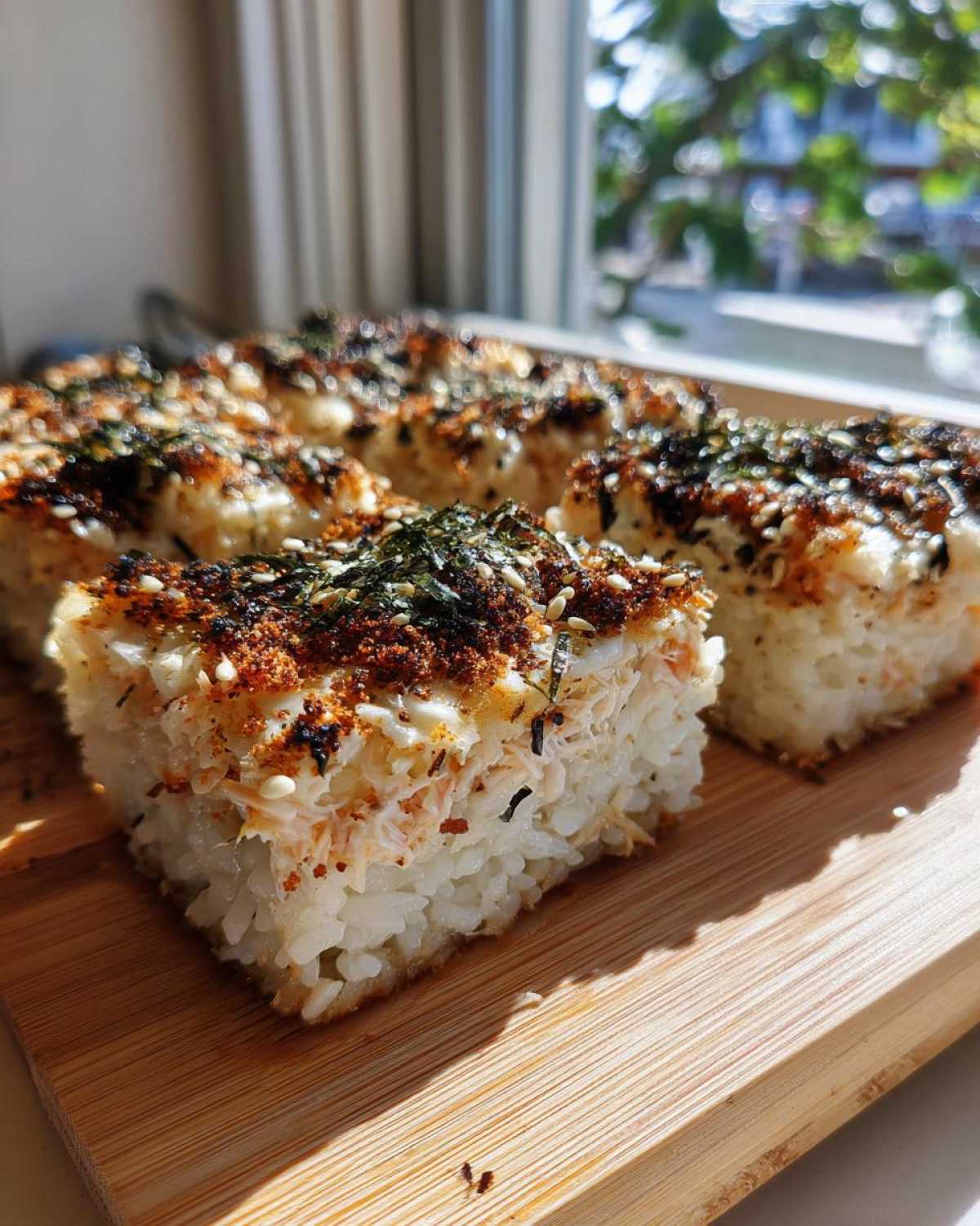 A close-up of a square portion of baked sushi bake, showing layers of rice and creamy topping sprinkled with furikake.