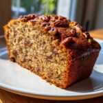 Close-up of a moist slice of sweet alabama pecan bread topped with whole pecans, sitting on a white plate.