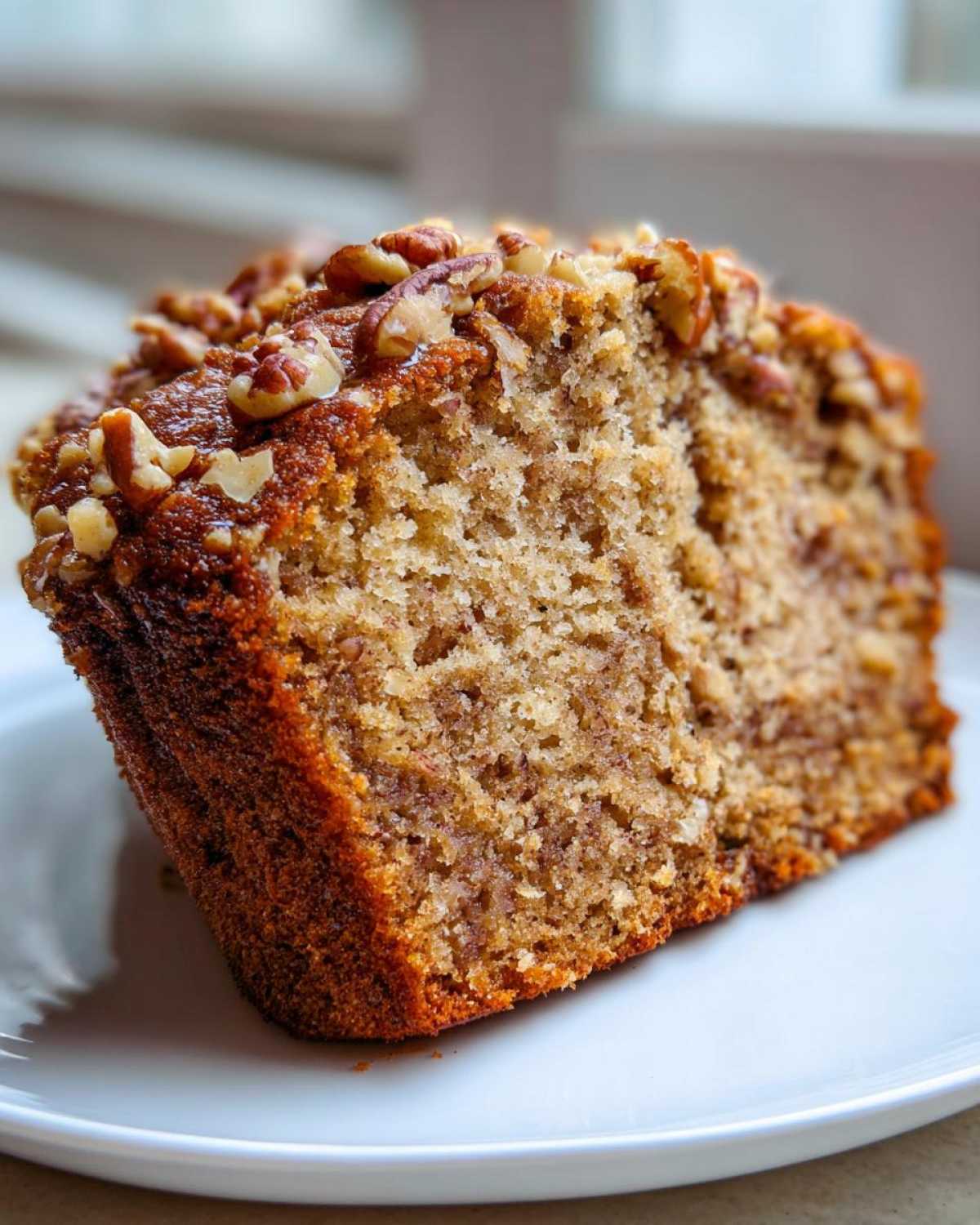 Close-up of a moist slice of sweet alabama pecan bread topped generously with chopped pecans.