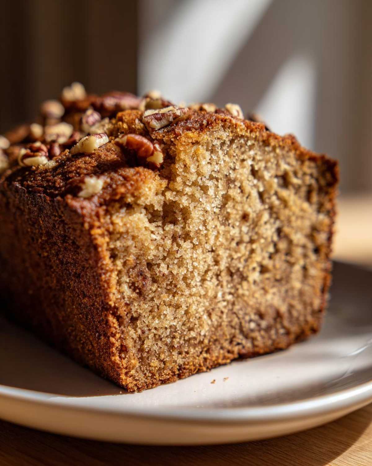 Close-up of a moist slice of sweet alabama pecan bread topped with chopped pecans.