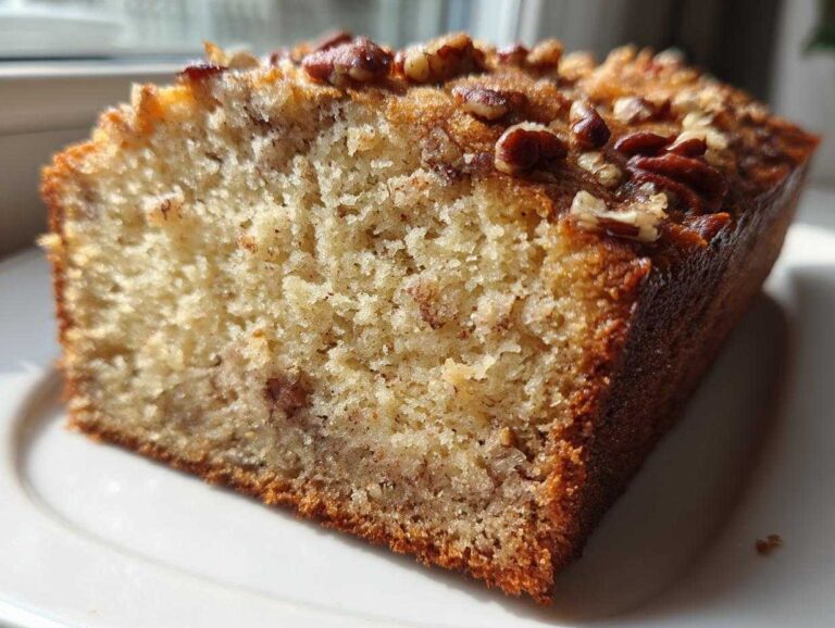 Close-up of a moist slice of sweet alabama pecan bread topped with toasted pecans, sitting on a white plate.