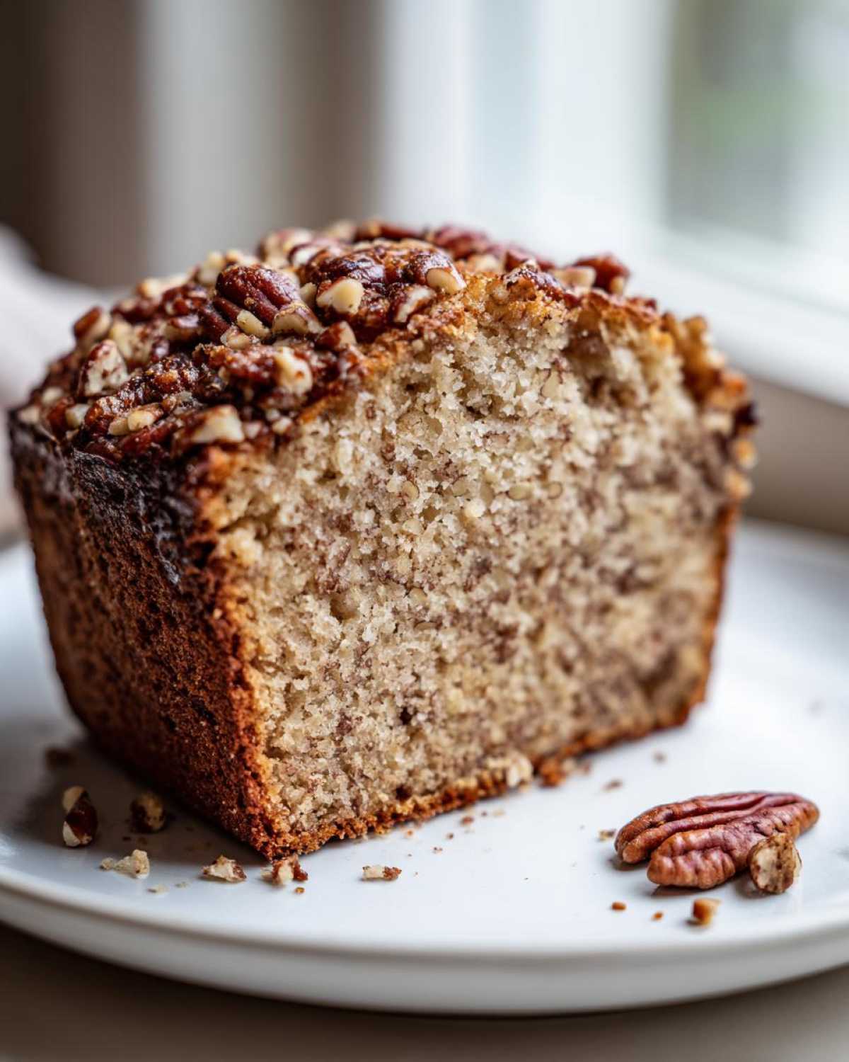 Close-up of a slice of moist sweet alabama pecan bread topped with candied pecans on a white plate.