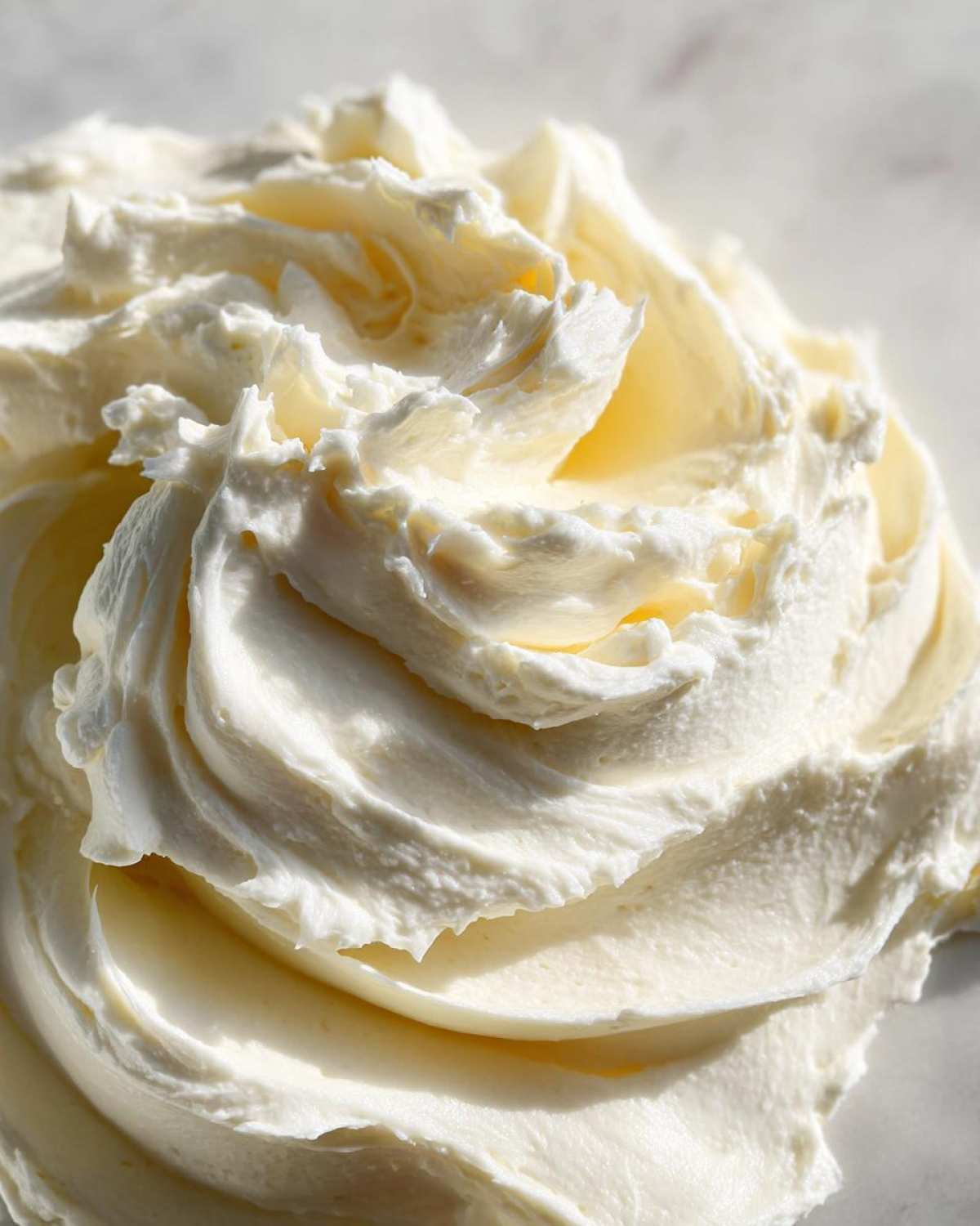 Macro shot showing thick, fluffy swirls of freshly made cream cheese frosting against a light background.