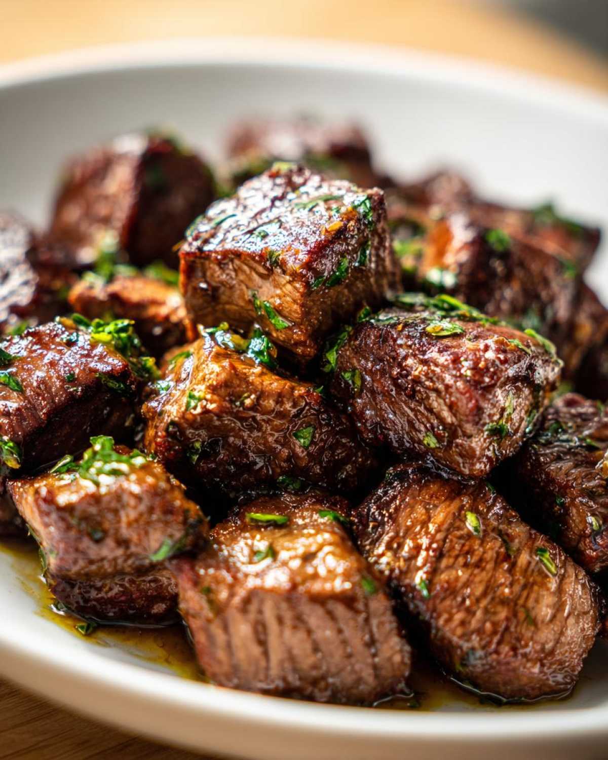Close-up of tender, browned cubes of crockpot steak glistening with sauce and topped with fresh chopped parsley.