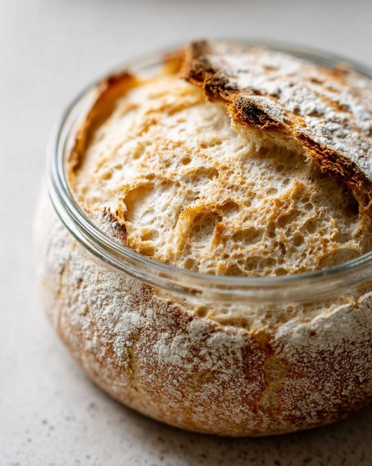 Close-up of a beautifully risen loaf of bread baked directly in a glass jar, demonstrating a thriving sourdough starter.