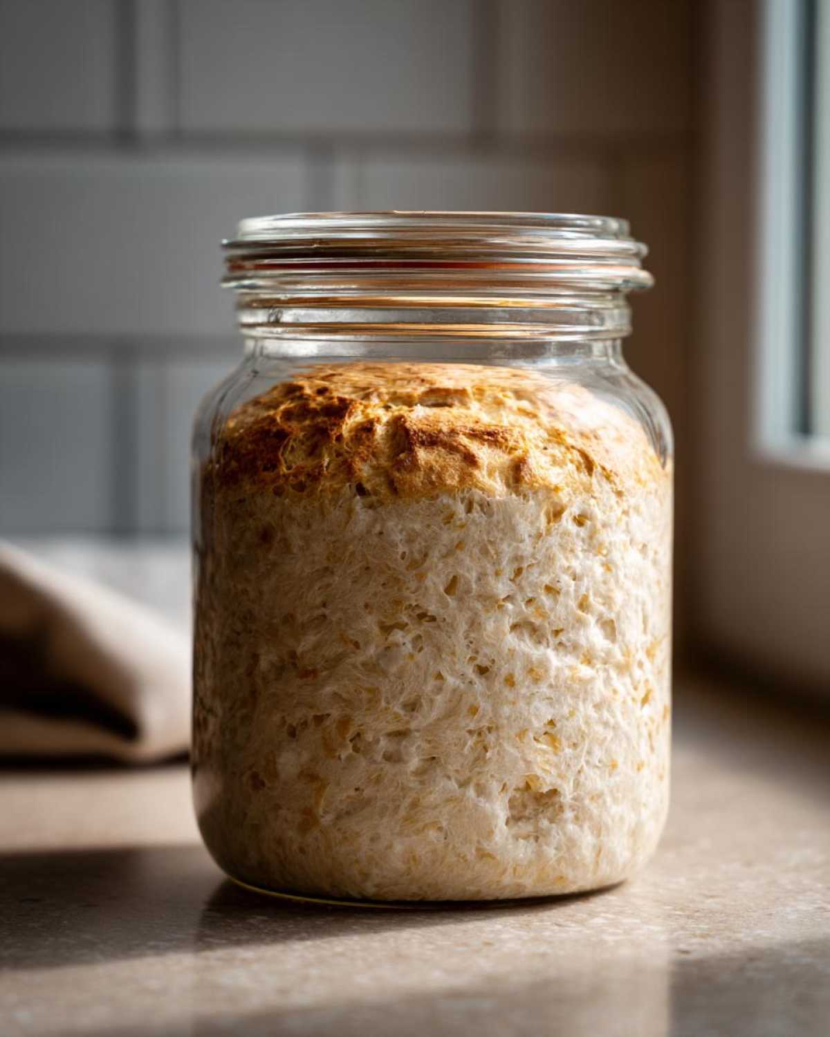 A highly active sourdough starter has risen and crested over the top of a clear glass jar.