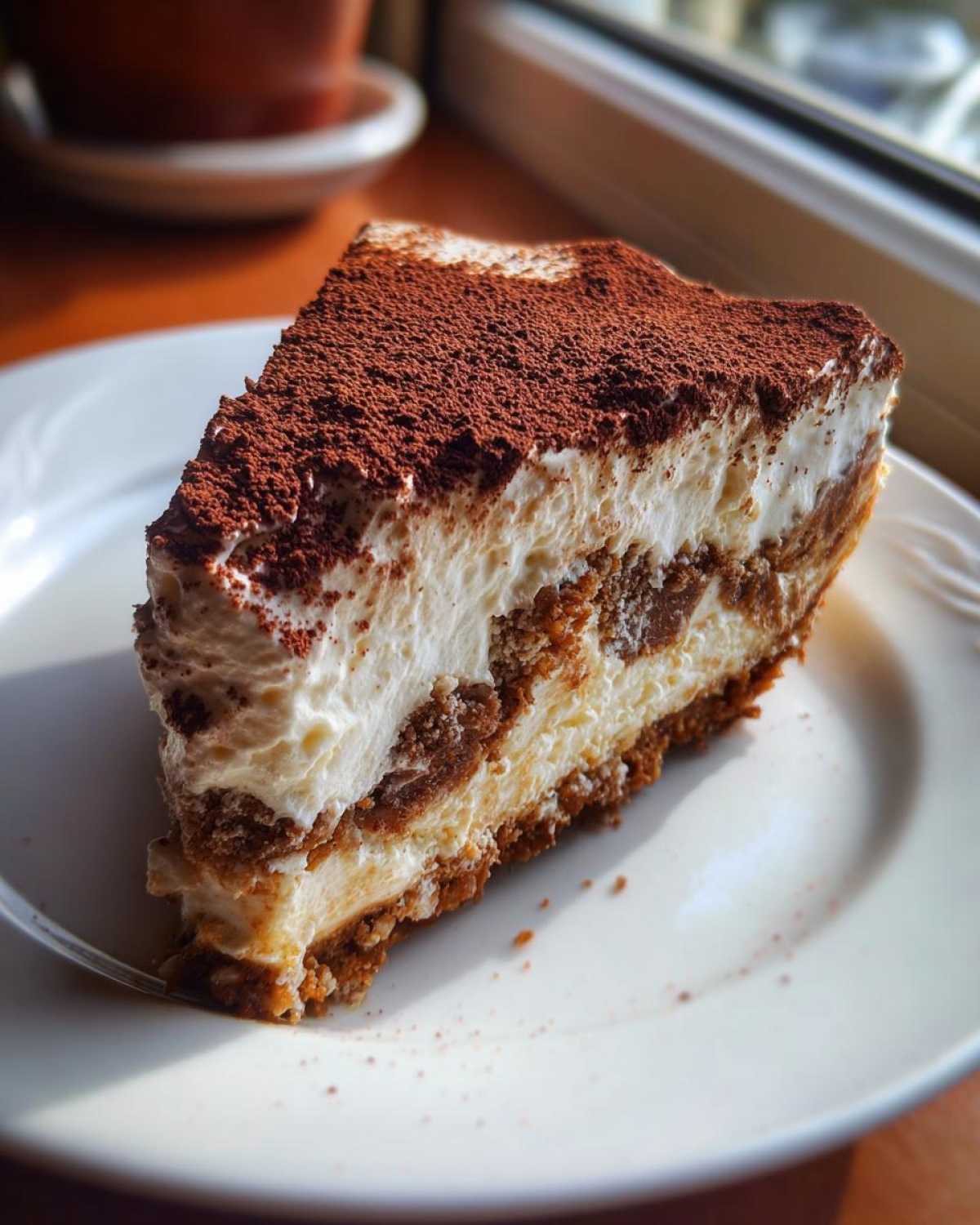 A decadent slice of tiramisu cheesecake layered with cream and coffee-soaked biscuits, dusted heavily with cocoa powder.