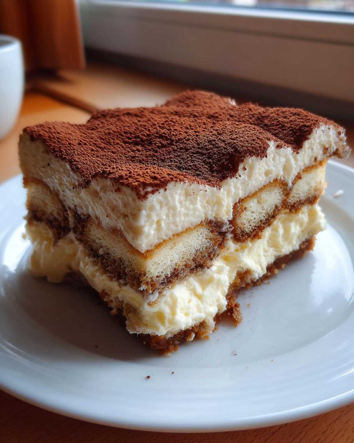 A close-up of a rich slice of tiramisu cheesecake layered with cream and coffee-soaked biscuits, dusted heavily with cocoa powder.
