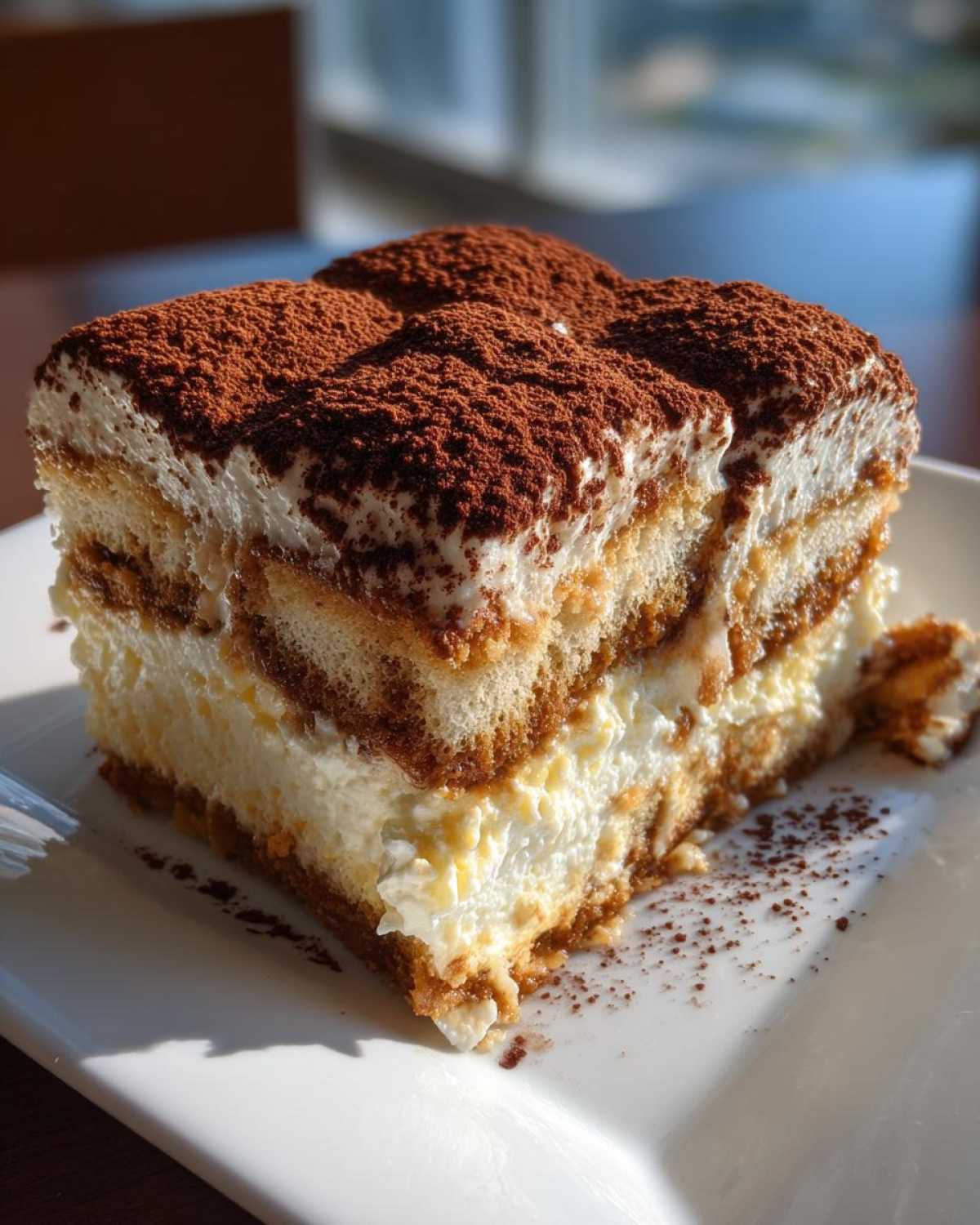 A square slice of rich tiramisu cheesecake layered with cream and ladyfingers, heavily dusted with cocoa powder.