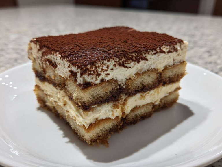 A single, layered slice of delicious tiramisu recipe served on a white plate, dusted with cocoa.