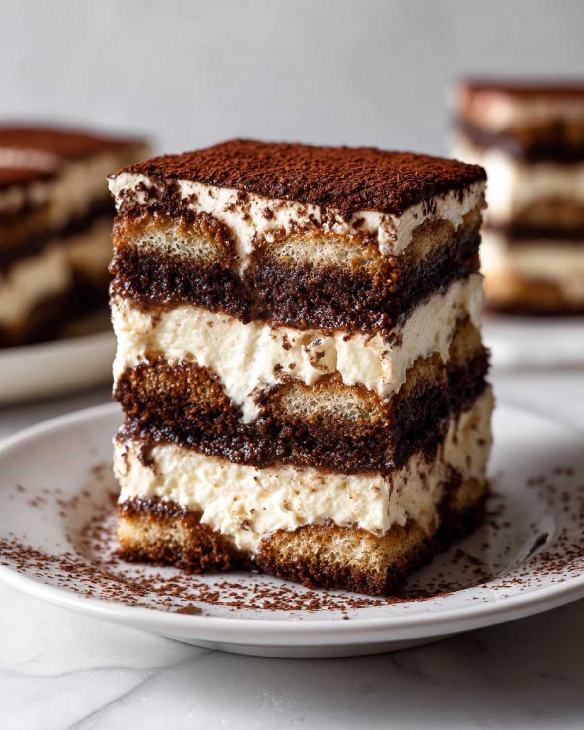 Close-up of a multi-layered slice of tiramisu recipe showing ladyfingers, cream, and cocoa powder topping.