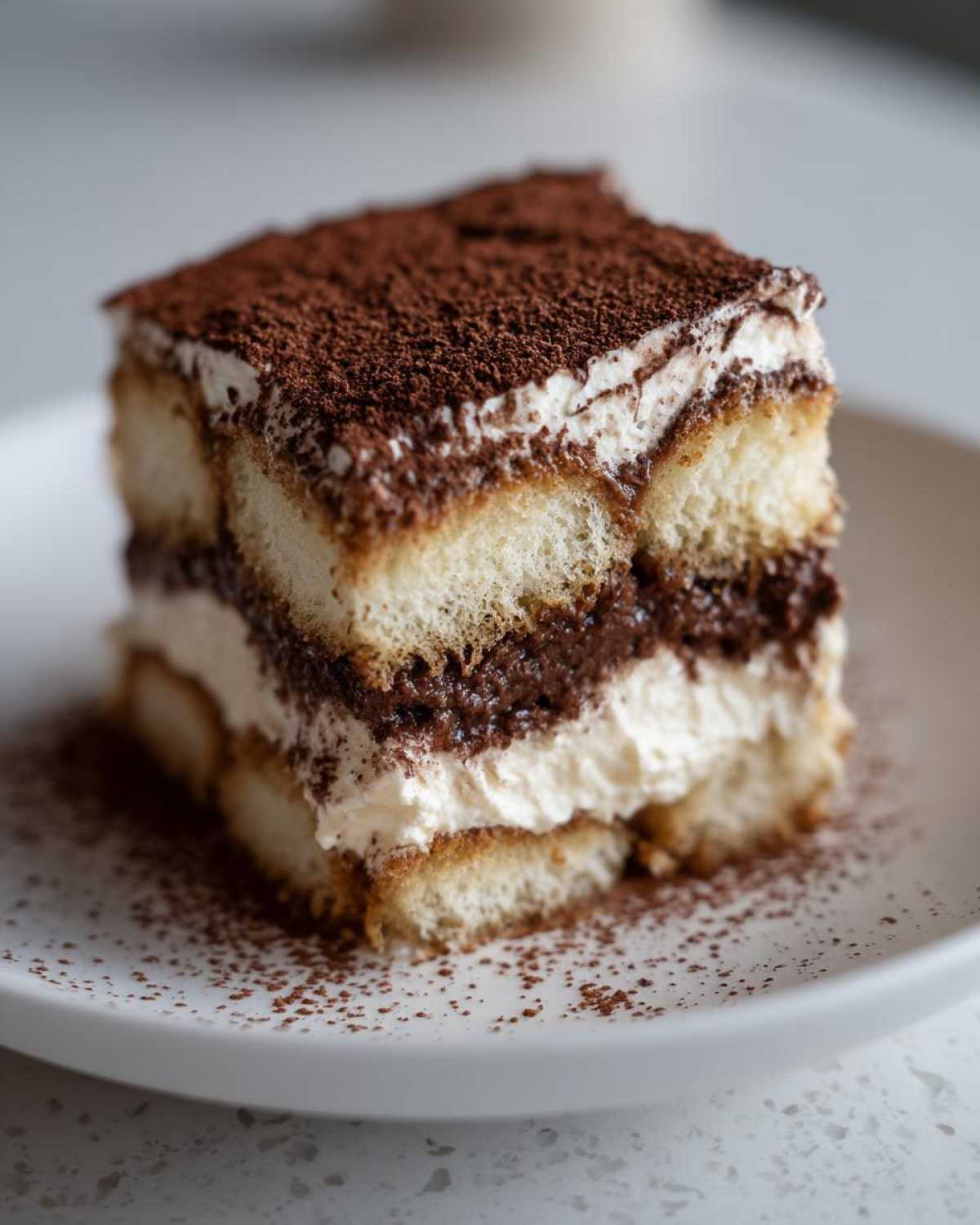 A close-up, layered slice of homemade tiramisu recipe dusted heavily with cocoa powder on a white plate.