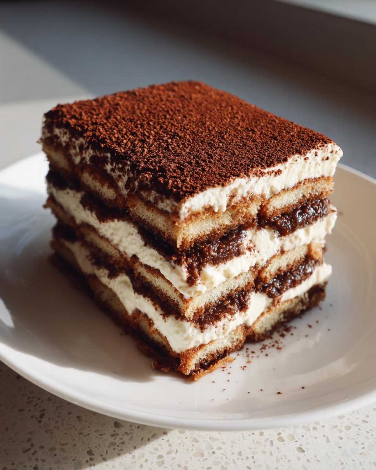 A rich, layered slice of tiramisu recipe dessert dusted heavily with cocoa powder, sitting on a white plate.