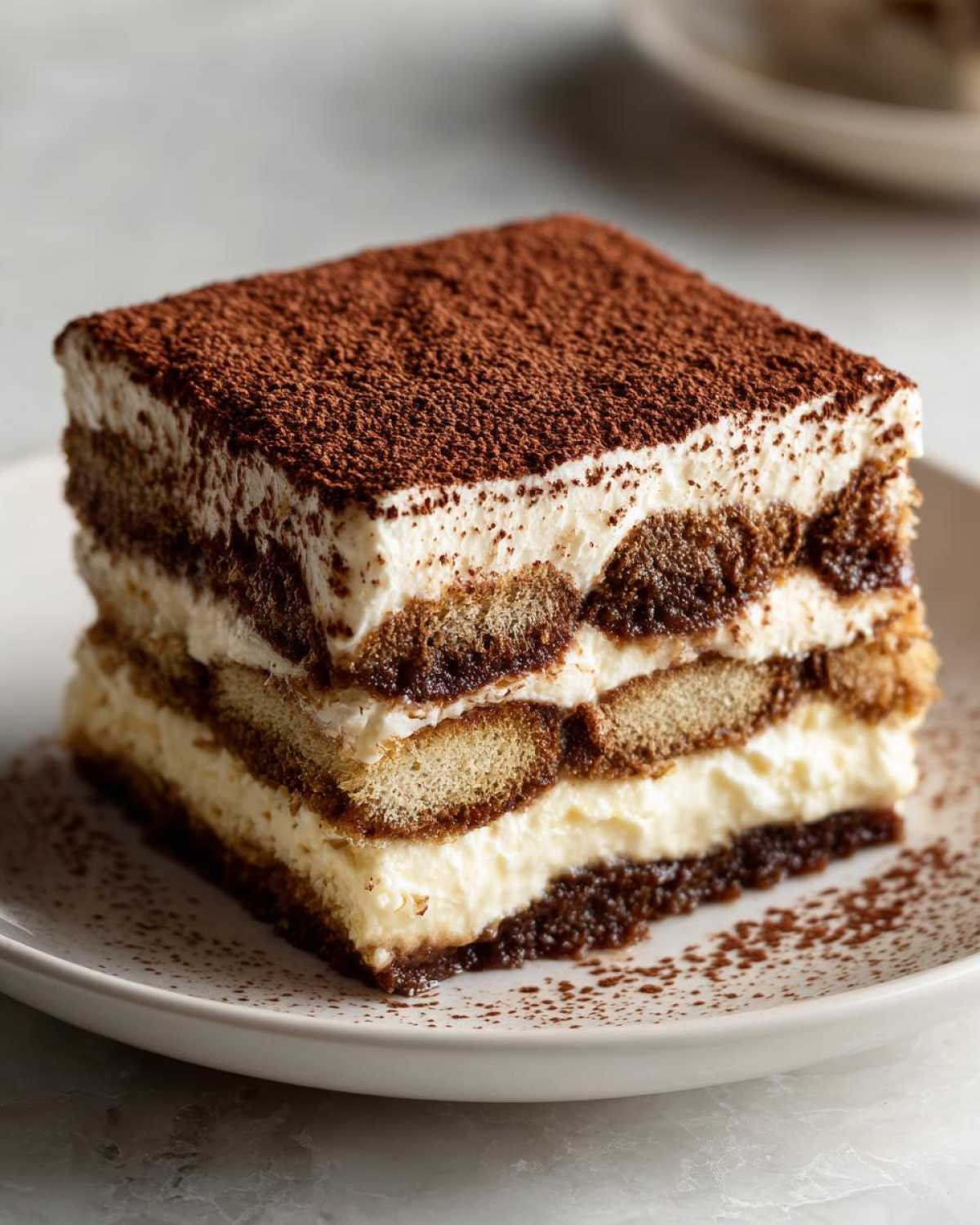 A square slice of classic tiramisu recipe showing layers of ladyfingers, mascarpone cream, and a dusting of cocoa powder.