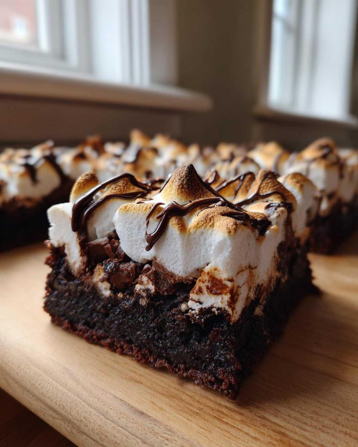 A close-up of one fudgy hot chocolate brownie topped with toasted marshmallows and chocolate drizzle.