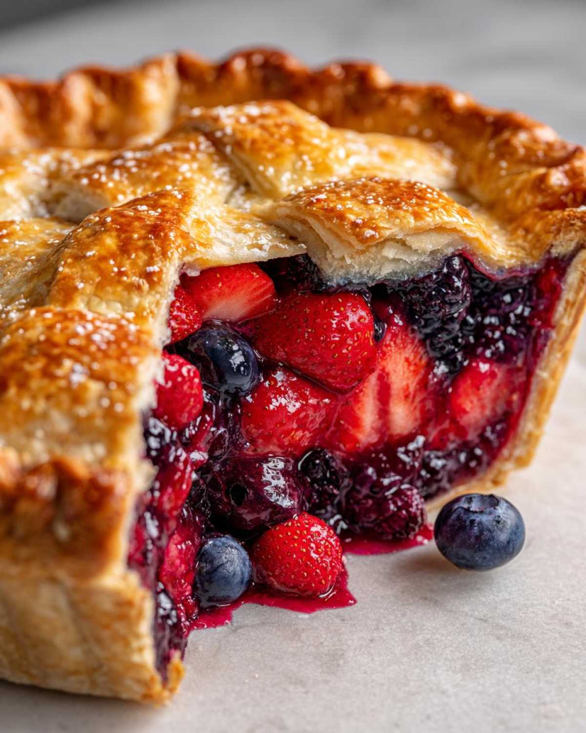 Close-up of a slice of triple berry pie showing the flaky golden crust and a rich, juicy filling of strawberries, blueberries, and blackberries.