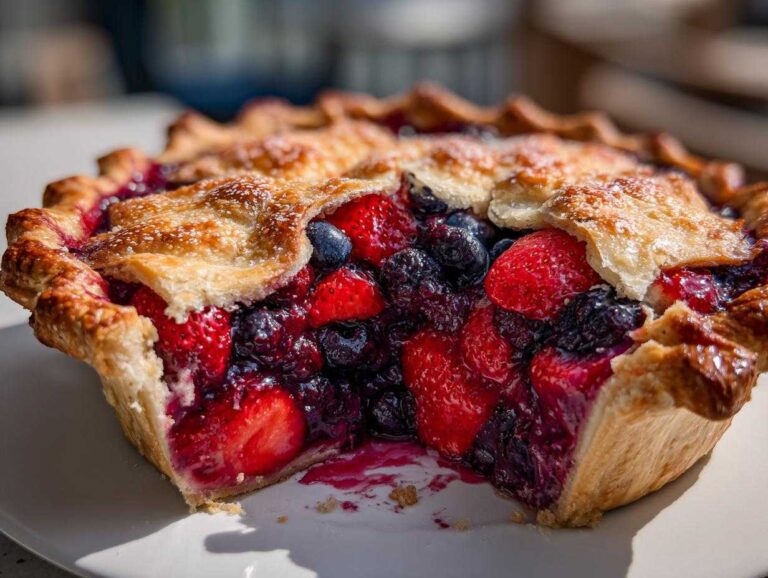 Close-up of a slice of triple berry pie showing the flaky crust and vibrant filling of strawberries and blueberries.
