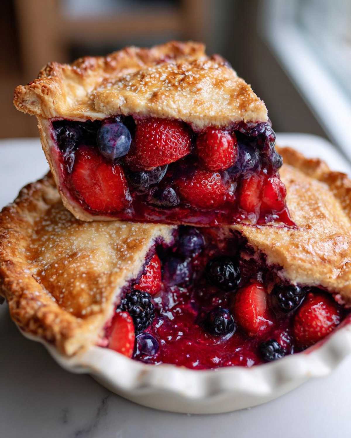 A slice of triple berry pie lifted above the main pie, showing a rich, juicy filling of strawberries, blueberries, and blackberries.