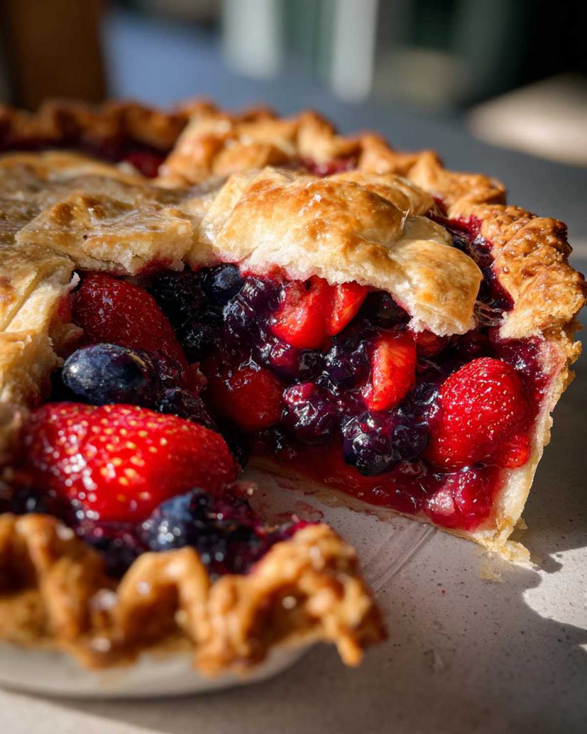 Close-up of a slice removed from a triple berry pie, showing juicy strawberries and blueberries filling under a golden lattice crust.