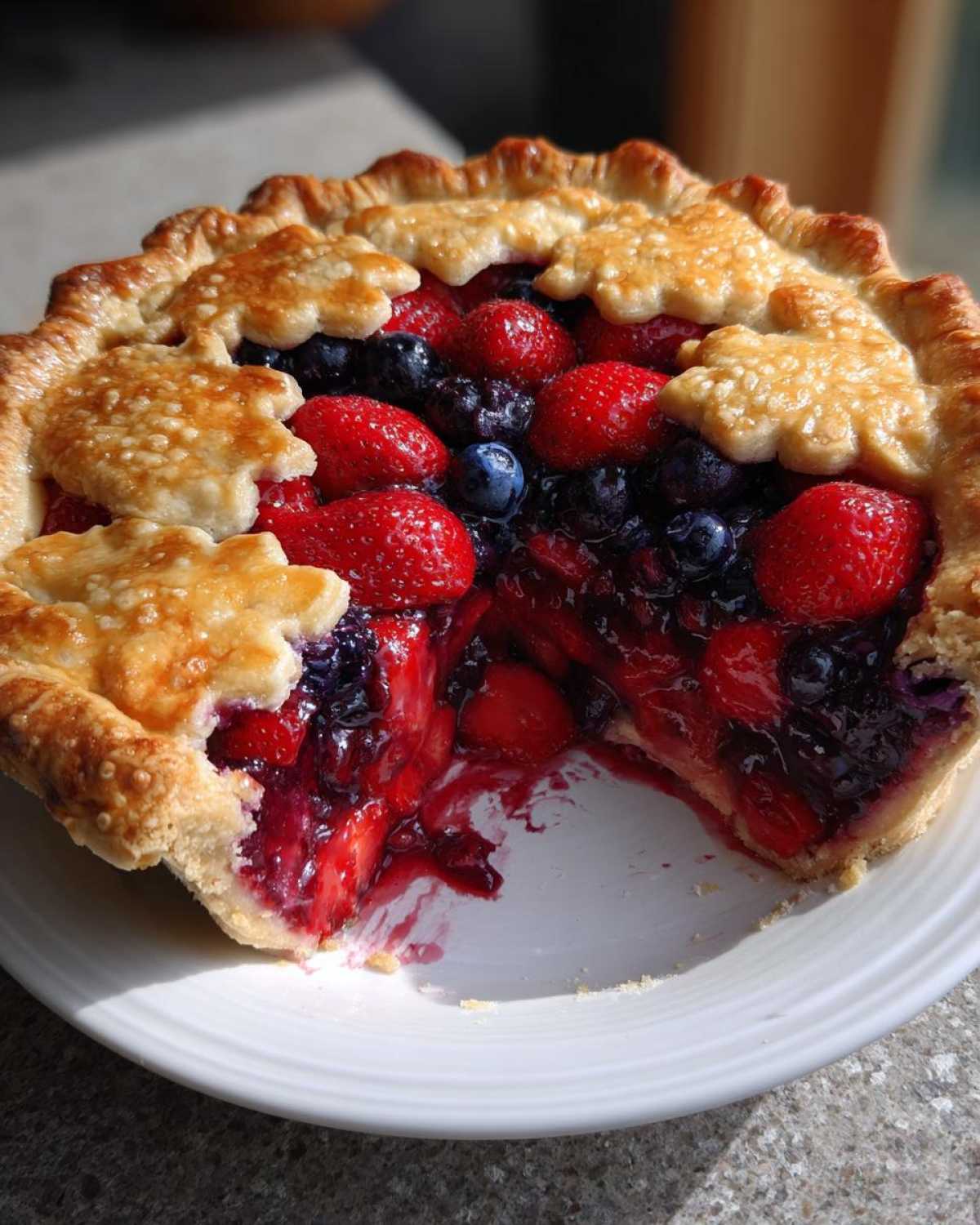 A close-up of a freshly baked triple berry pie with a slice removed, showing juicy strawberries and blueberries.