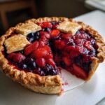 A close-up of a freshly baked triple berry pie with a slice removed, revealing the juicy strawberry and blueberry filling.