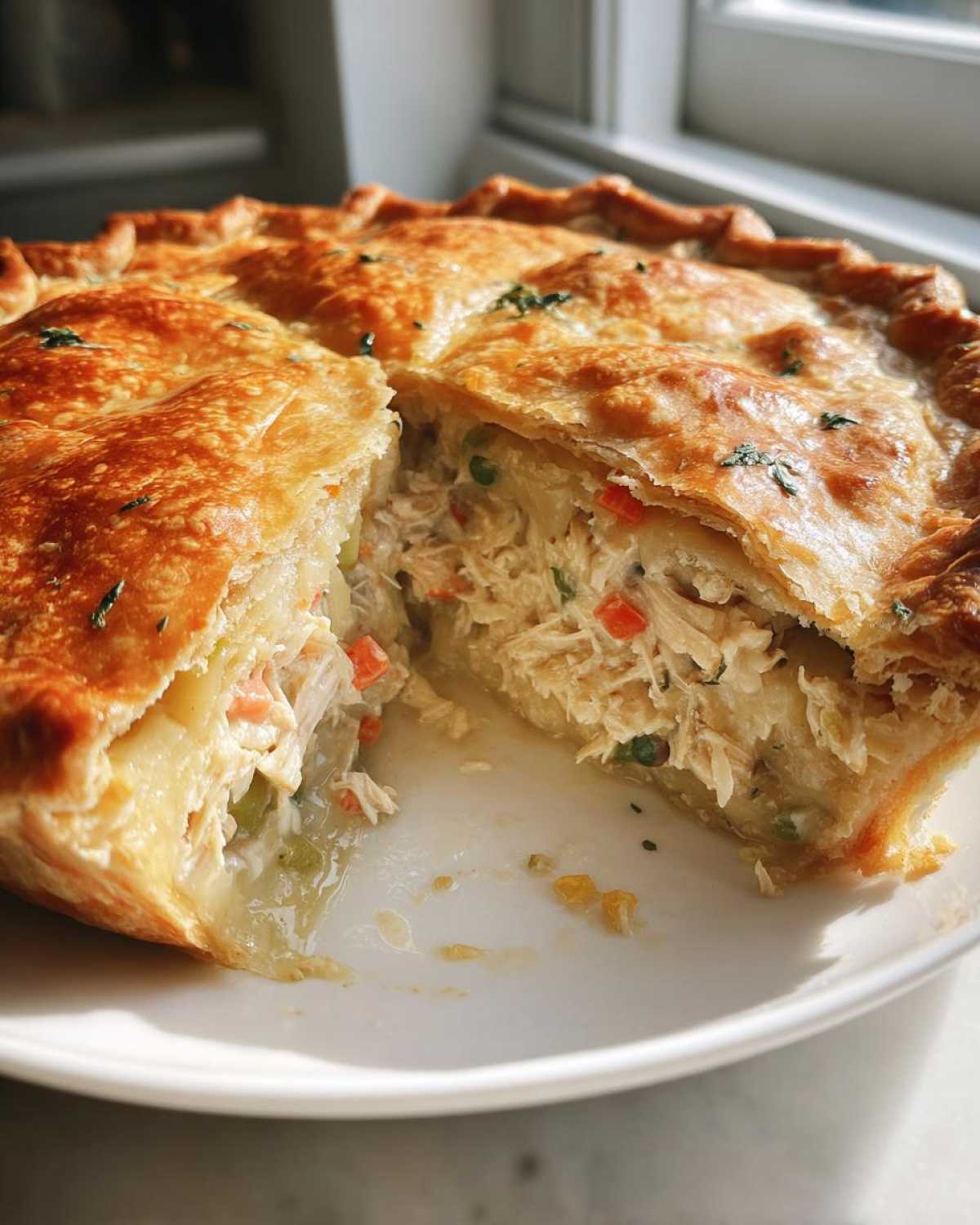 A slice cut out of a golden-brown turkey pot pie recipe, revealing creamy filling with shredded turkey and vegetables.