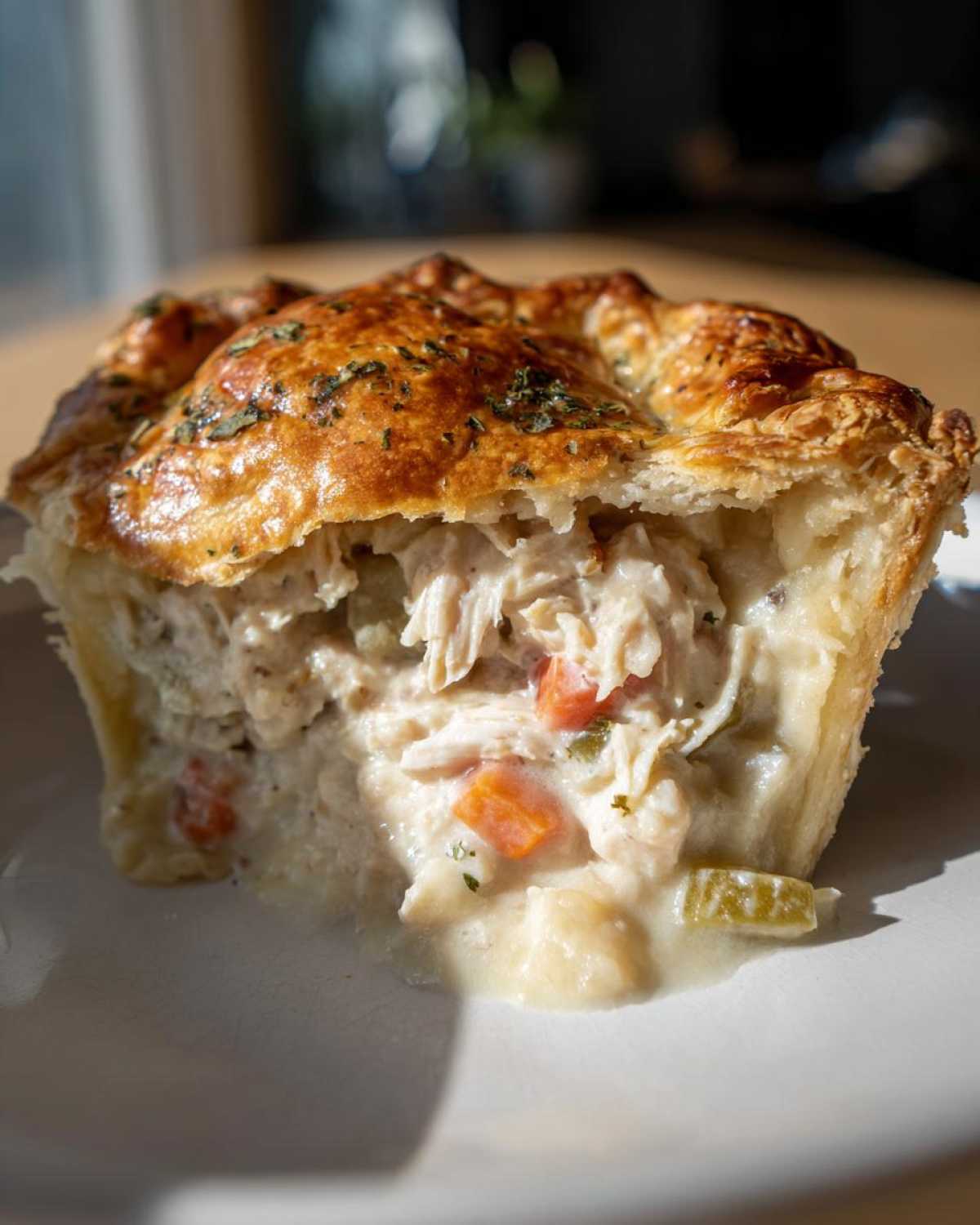 A close-up view of a serving of turkey pot pie recipe, showing the flaky, golden crust and creamy filling with visible shredded turkey and carrots.